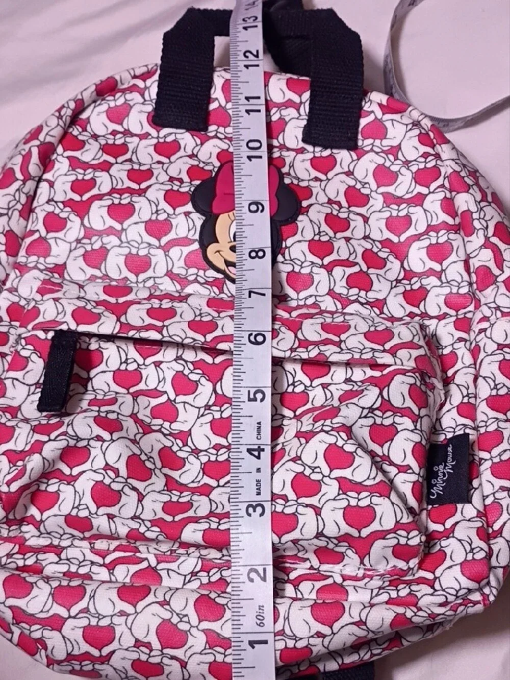 Zara Kids Minnie Mouse Pink White Heart Pattern Backpack Front Zip Pocket